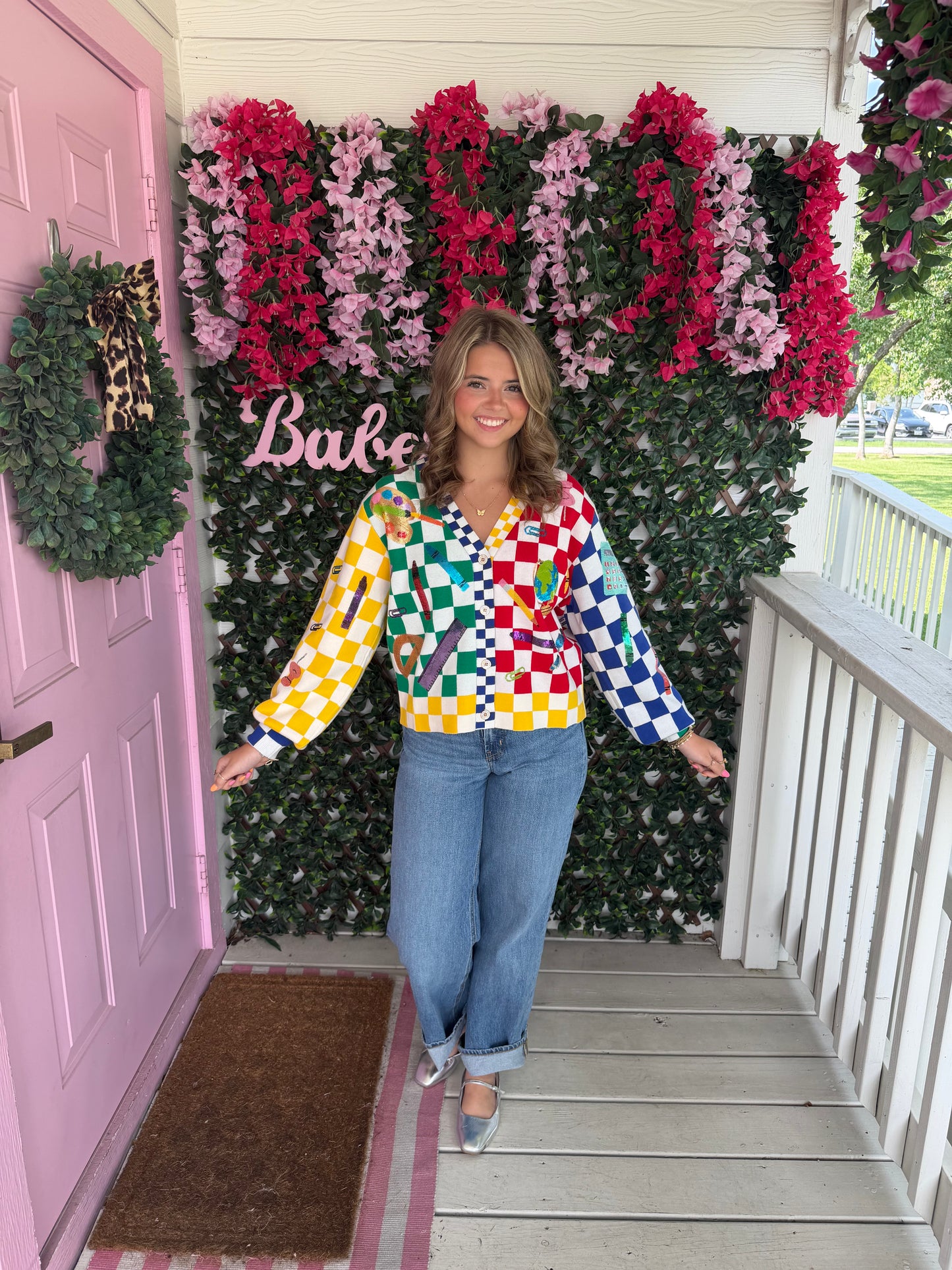 Queen of Sparkles Rainbow Checkered School Supplies Button Up Cardigan