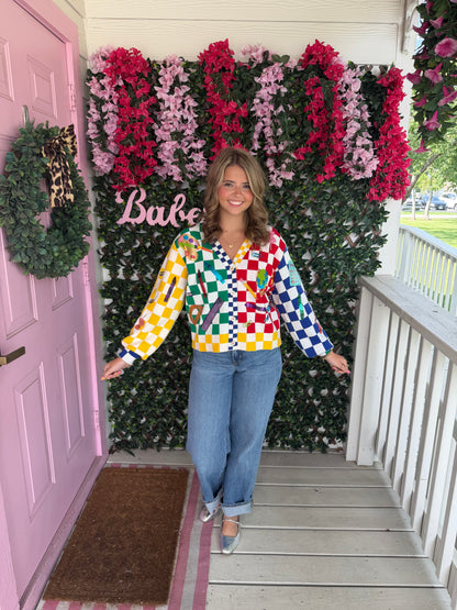 Queen of Sparkles Rainbow Checkered School Supplies Button Up Cardigan