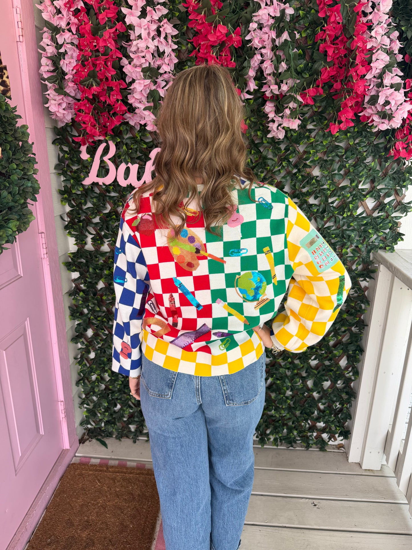 Queen of Sparkles Rainbow Checkered School Supplies Button Up Cardigan