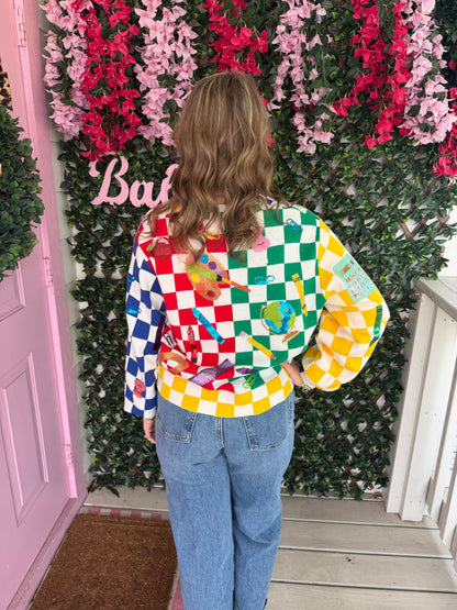 Queen of Sparkles Rainbow Checkered School Supplies Button Up Cardigan