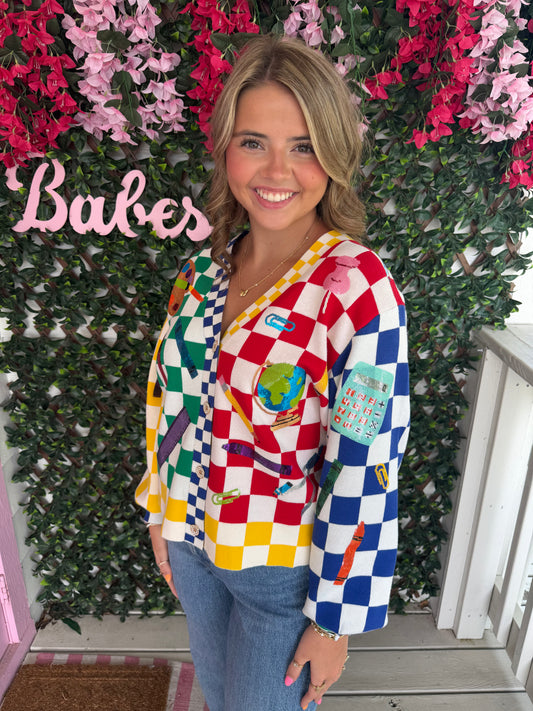 Queen of Sparkles Rainbow Checkered School Supplies Button Up Cardigan