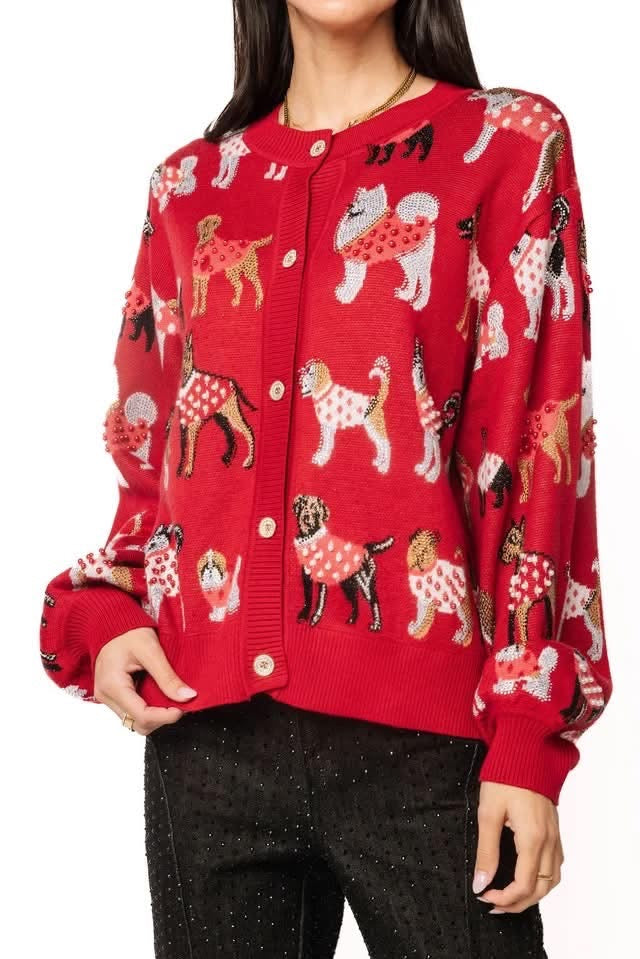 Queen Of Sparkles Red Dogs In Polka Dot Sweaters Button Up Cardigan