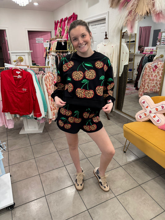 Queen Of Sparkles Black Leopard Cherry Sweatshirt