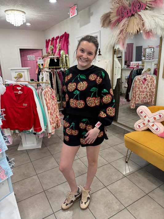 Queen Of Sparkles Black Leopard Cherry Shorts