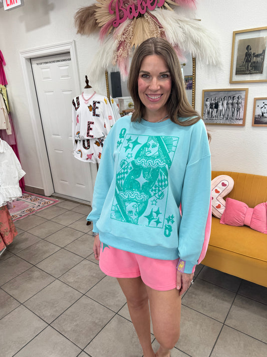 Queen Of Sparkles Aqua & Pink Colorblock Card Sweatshirt