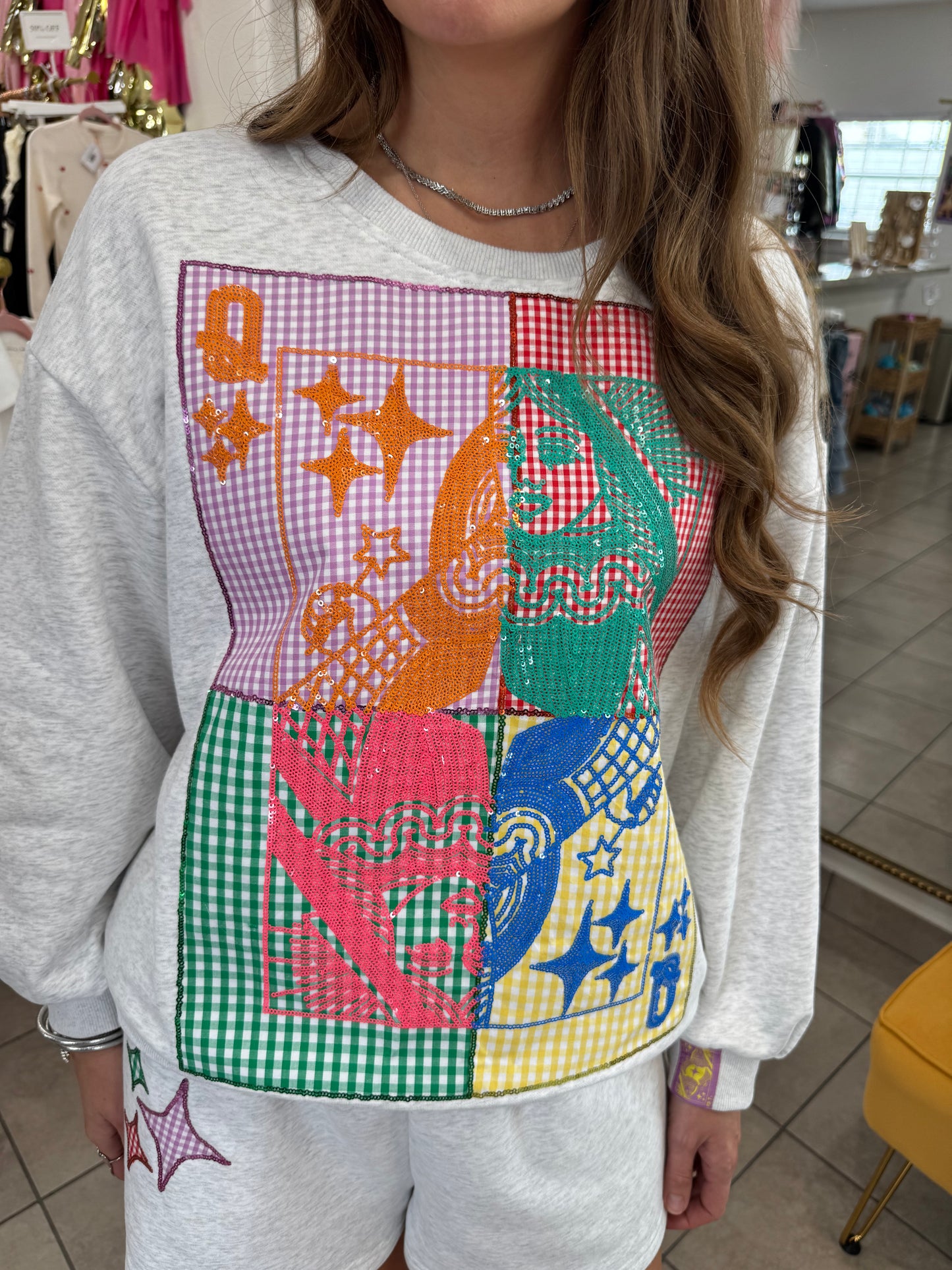 Queen Of Sparkles Grey Colorblock Gingham Card Shorts