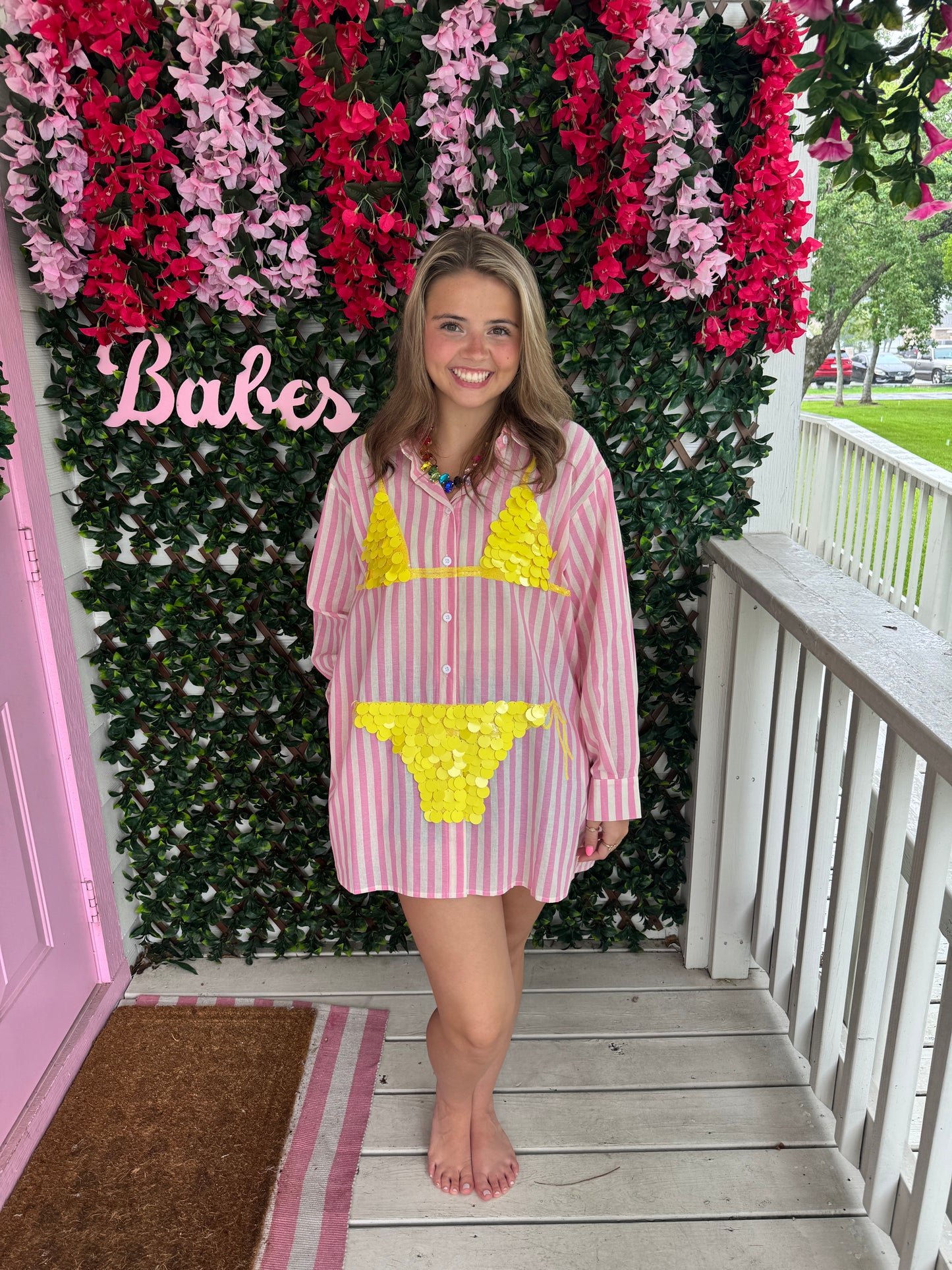 Queen of Sparkles Pink Striped Yellow Paillette Bikini Tunic