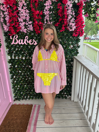 Queen of Sparkles Pink Striped Yellow Paillette Bikini Tunic