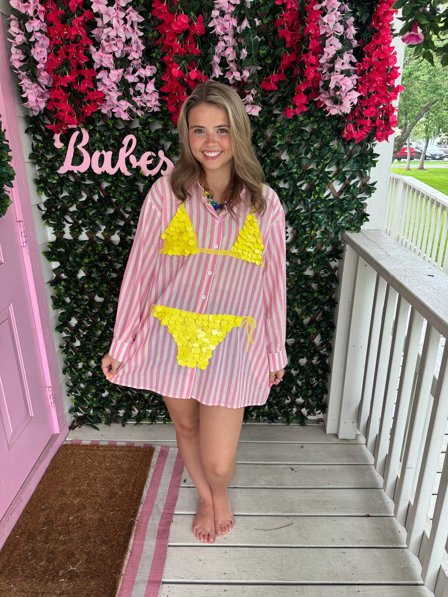 Queen of Sparkles Pink Striped Yellow Paillette Bikini Tunic