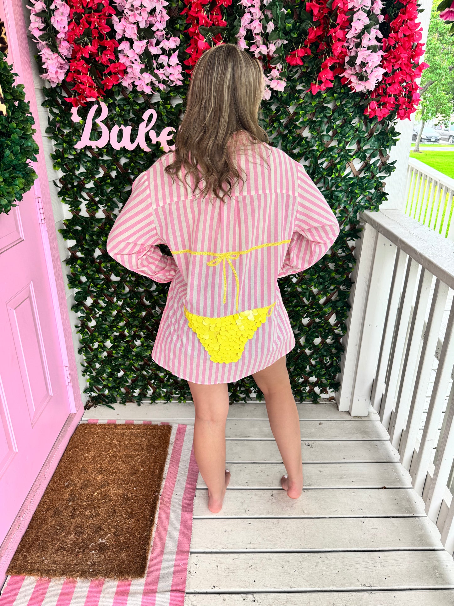 Queen of Sparkles Pink Striped Yellow Paillette Bikini Tunic