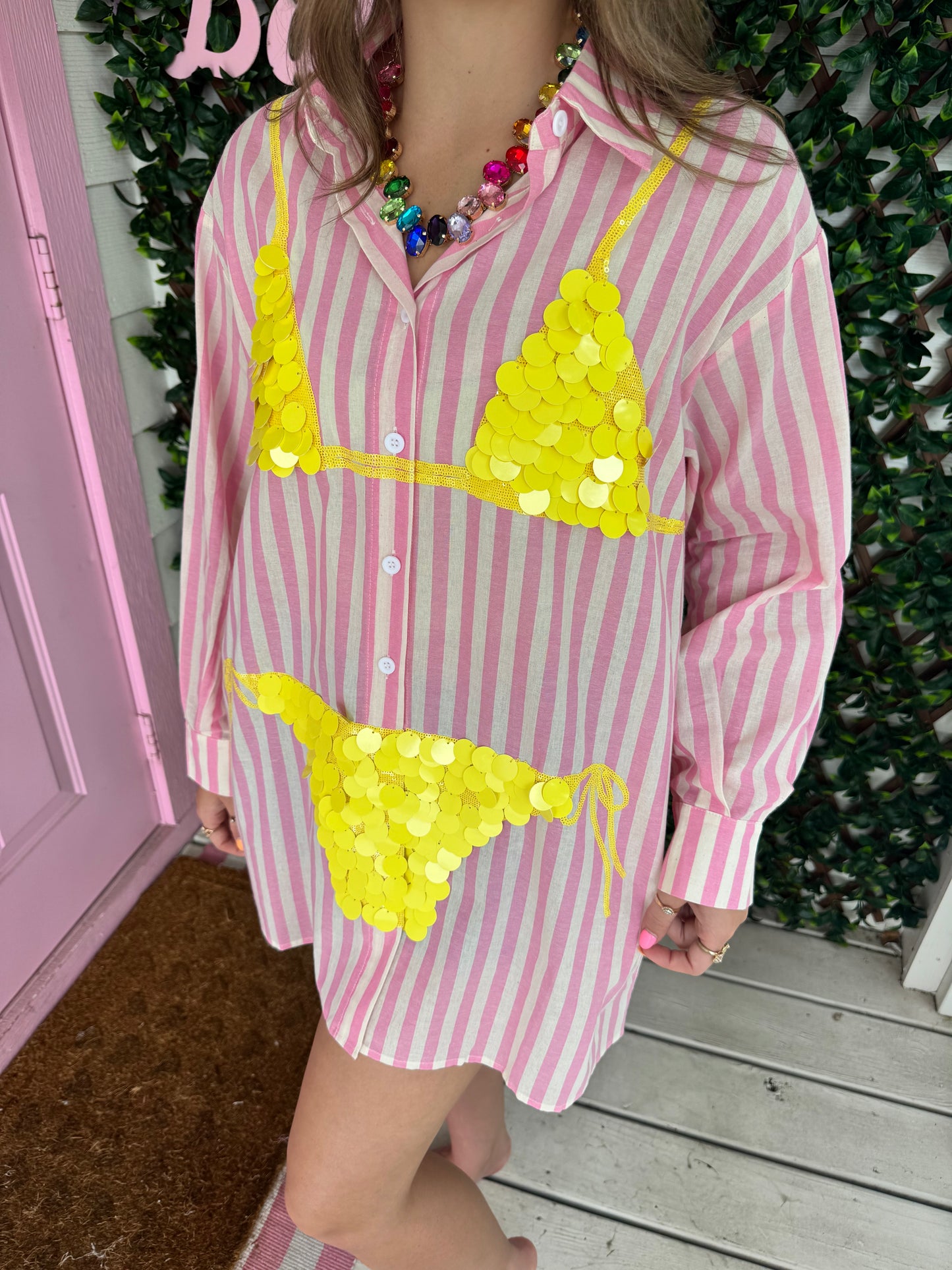 Queen of Sparkles Pink Striped Yellow Paillette Bikini Tunic