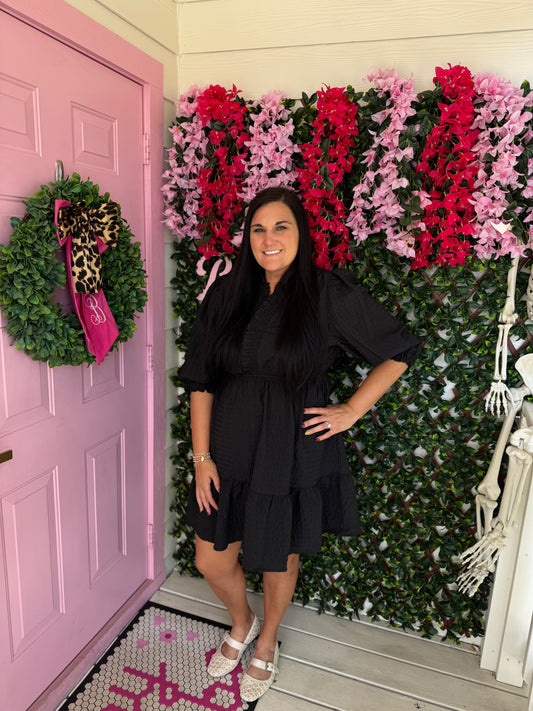 Textured Black Smocked Dress
