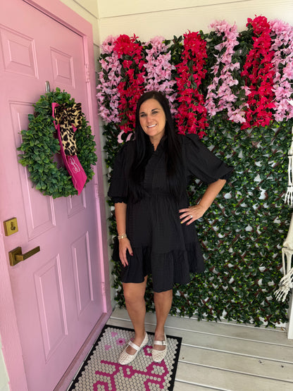 Textured Black Smocked Dress