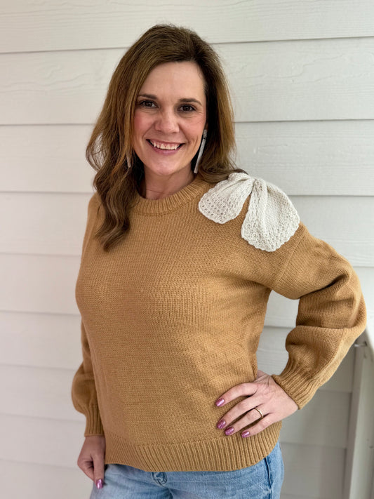 Camel Bow Shoulder Sweater
