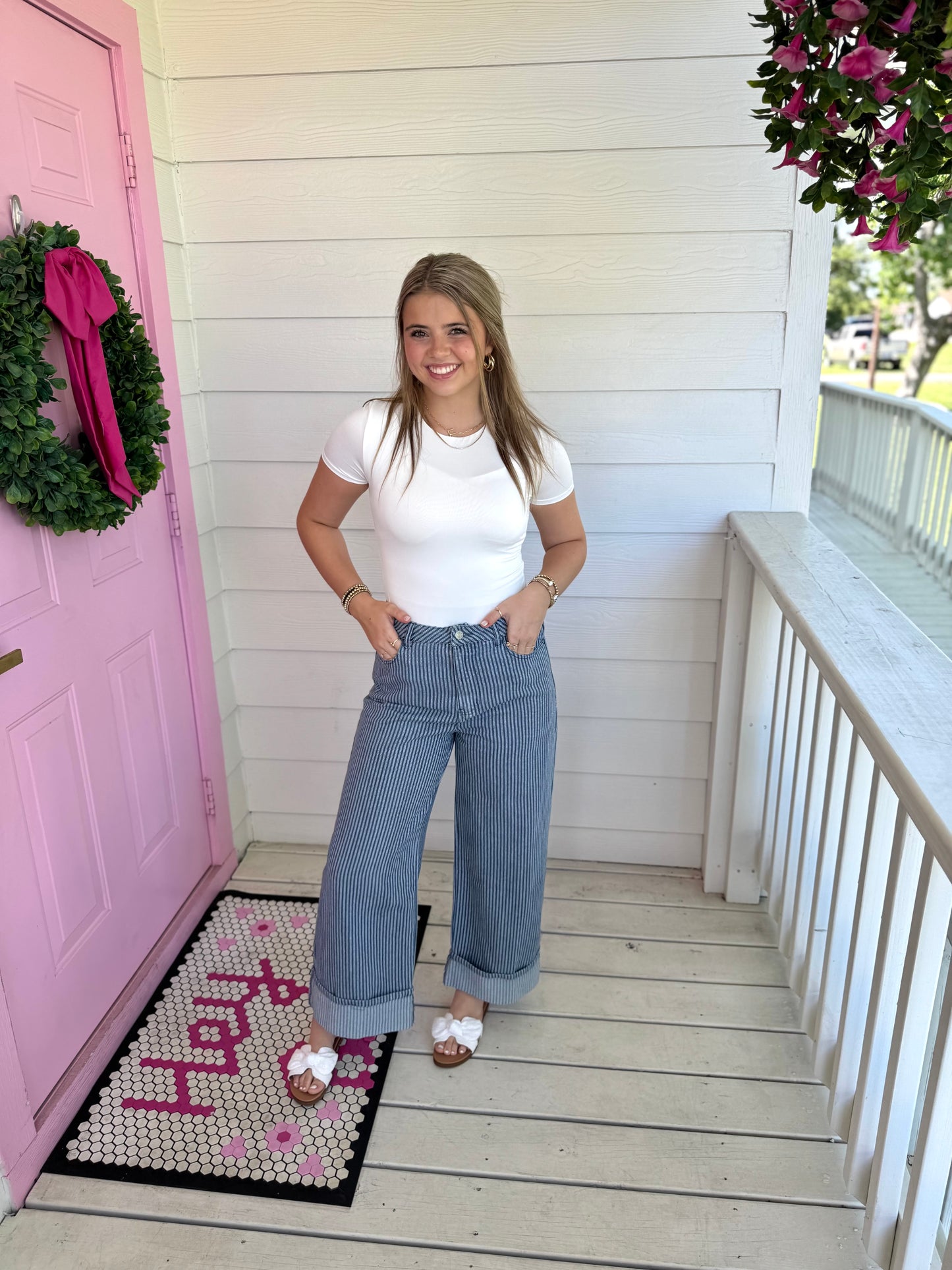 Striped Denim Wide Leg Pants