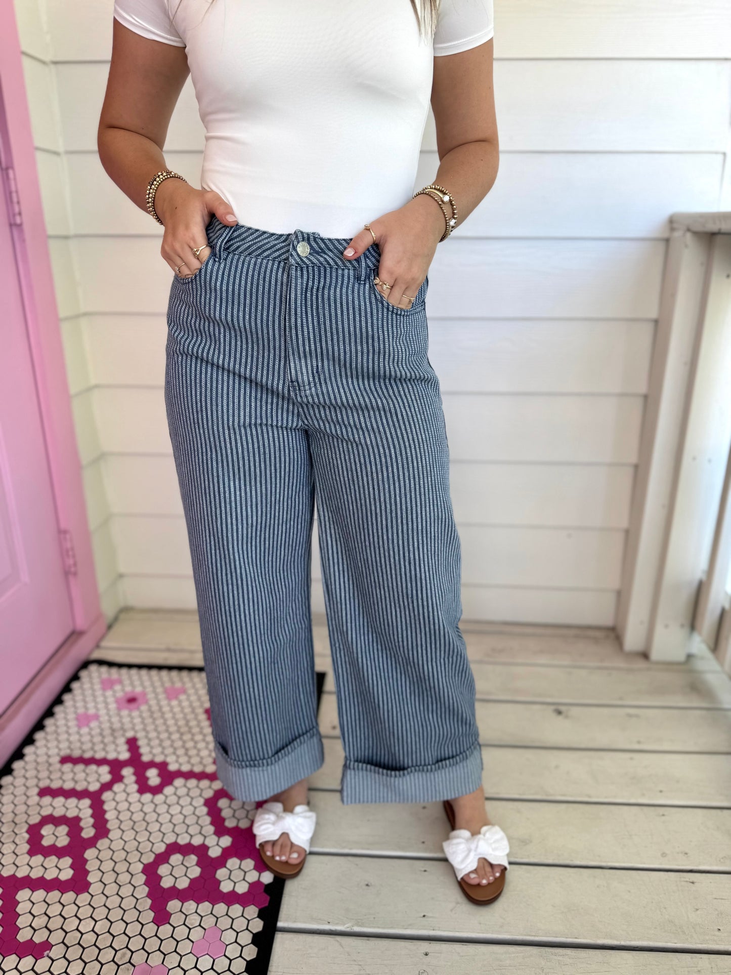 Striped Denim Wide Leg Pants