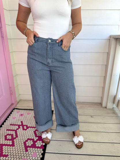Striped Denim Wide Leg Pants