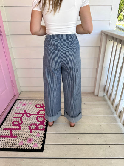Striped Denim Wide Leg Pants
