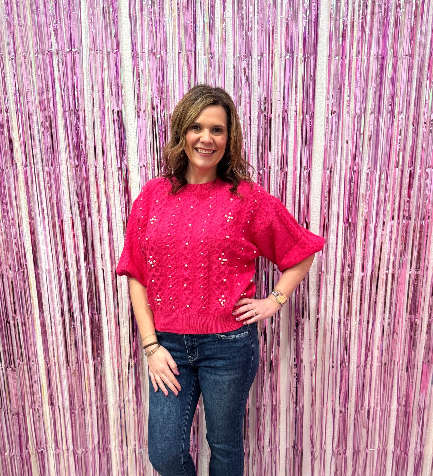 Pink Pearl Cable Knit Sweater