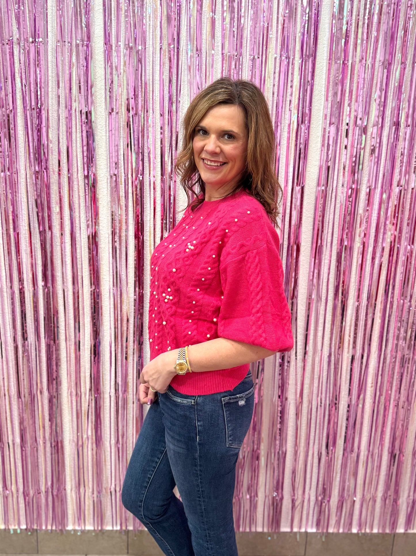 Pink Pearl Cable Knit Sweater