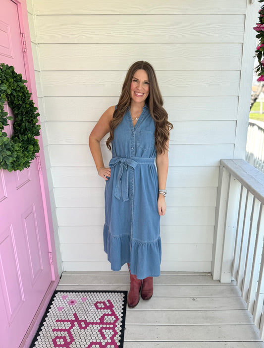 Denim Belted Midi Dress