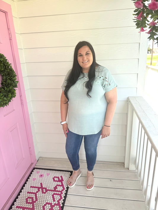 Mint Button Back Top
