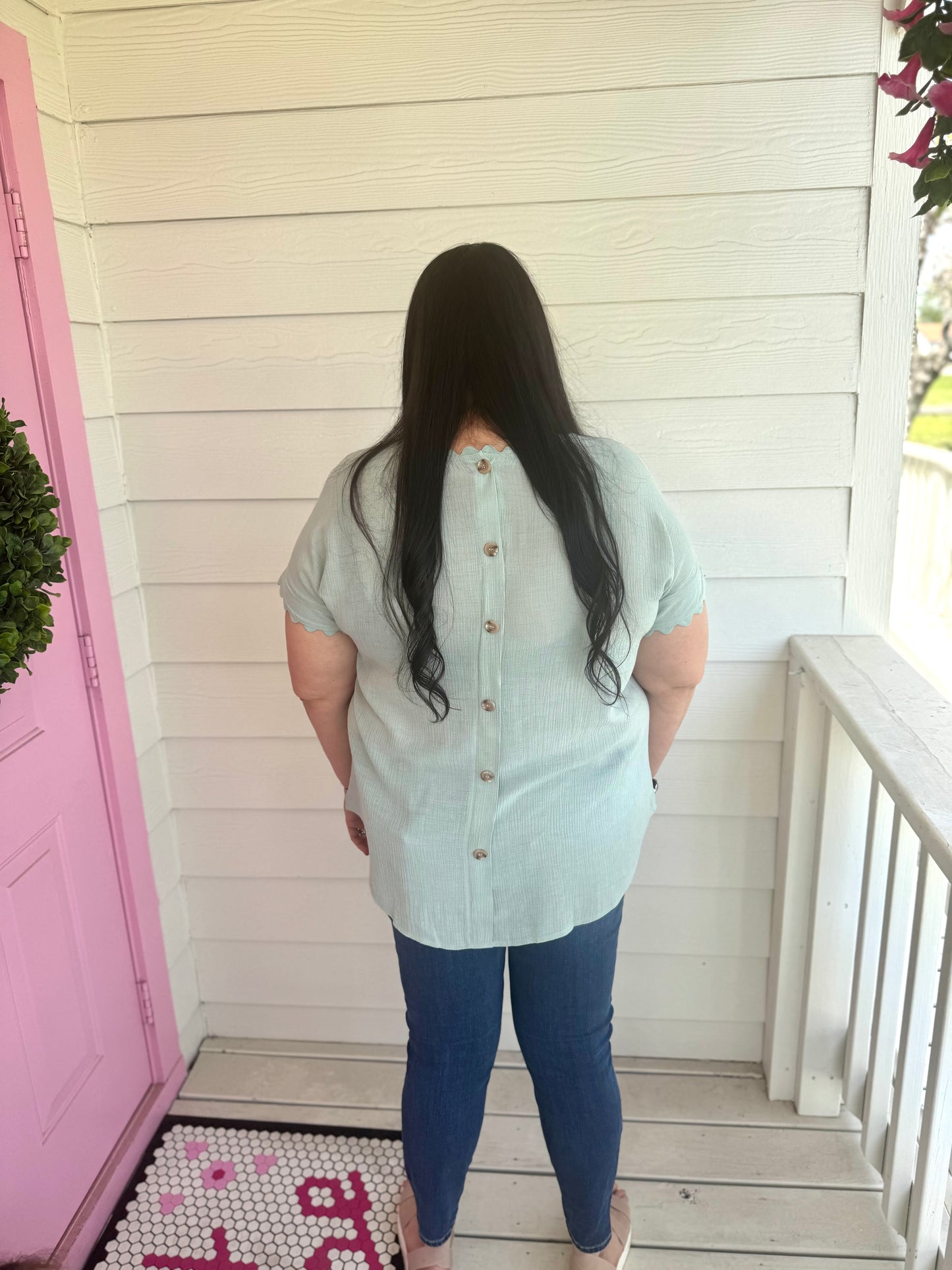 Mint Button Back Top