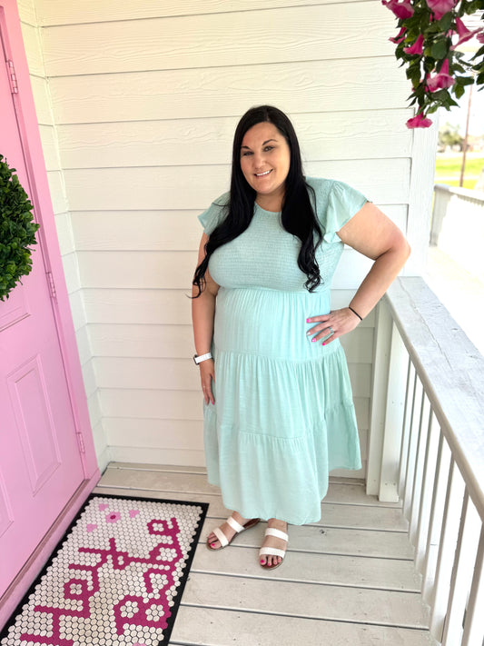 Sage Smocked Midi Dress