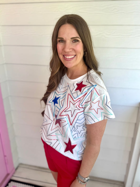 Queen Of Sparkles White, Red, & Blue Groovy Star Tee