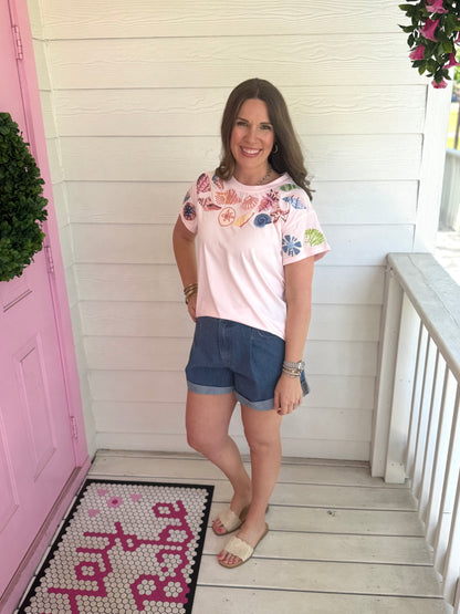 Queen Of Sparkles Light Pink Multi Shell Tee